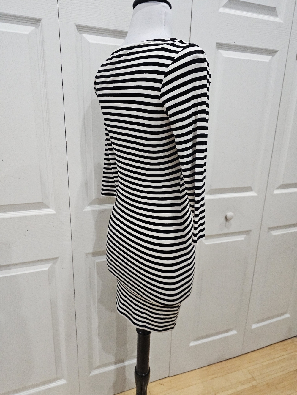 Forever 21 Black & White Striped Bodycon 3/4 Sleeve Basic Stretchy Dress S - Picture 5 of 9
